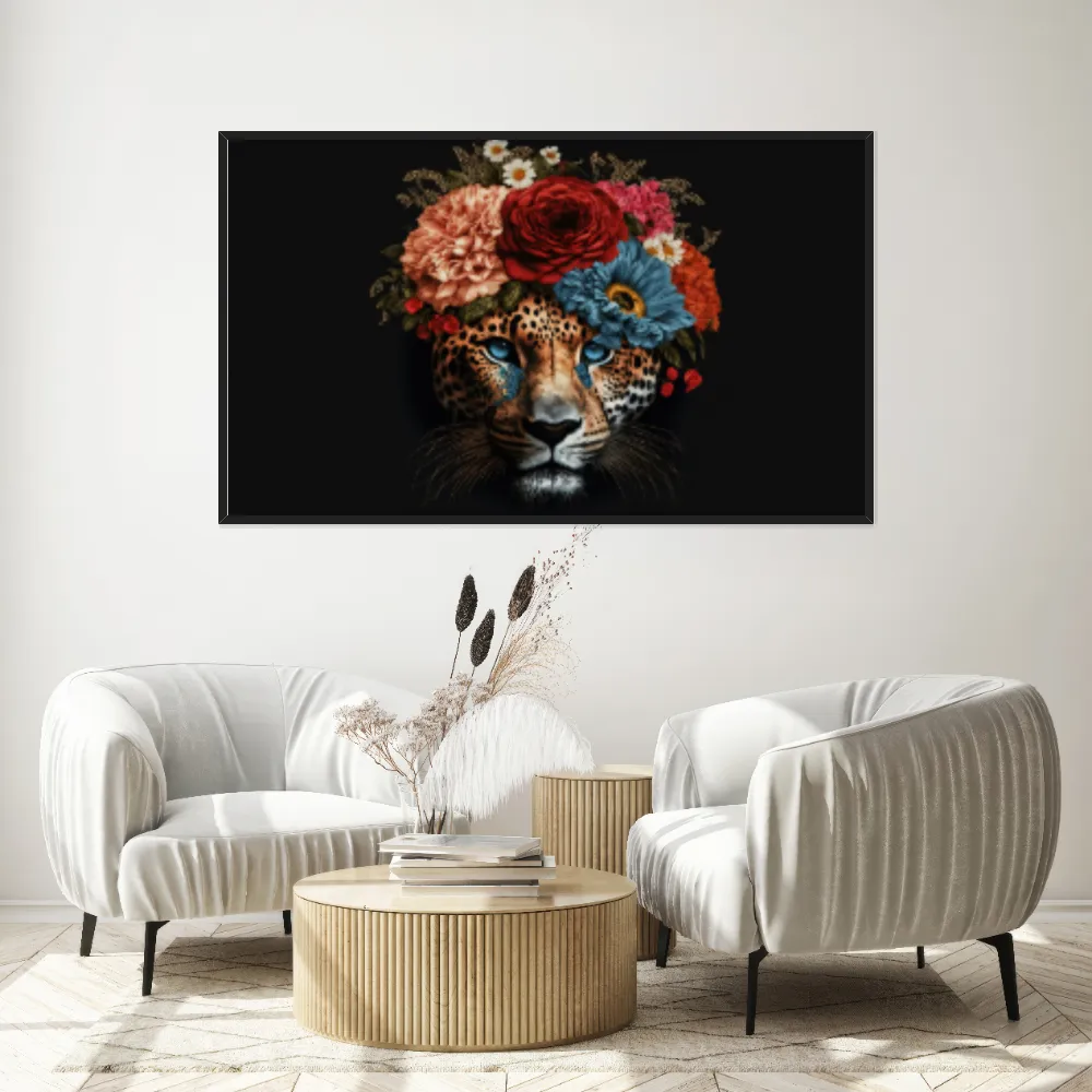 Quadro Decorativo Leopardo Com Coroa De Flores