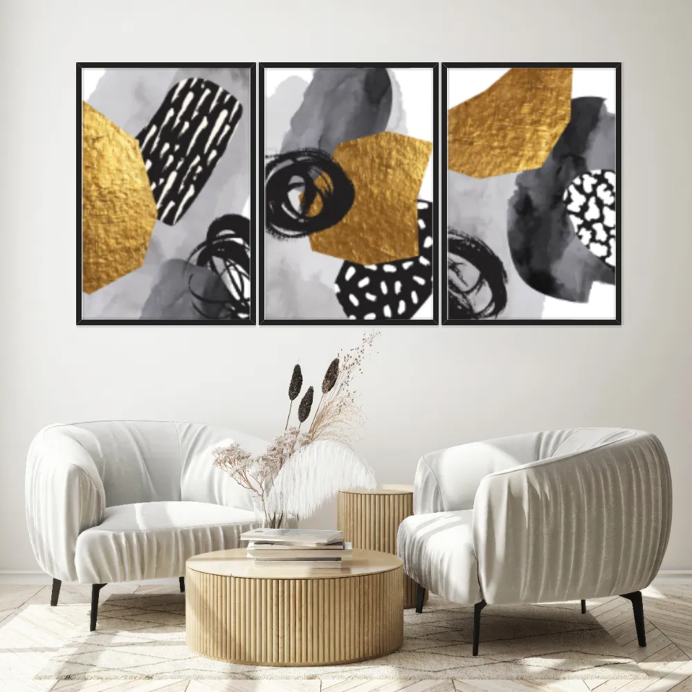 Kit Quadros Decorativos Abstrato Dourado