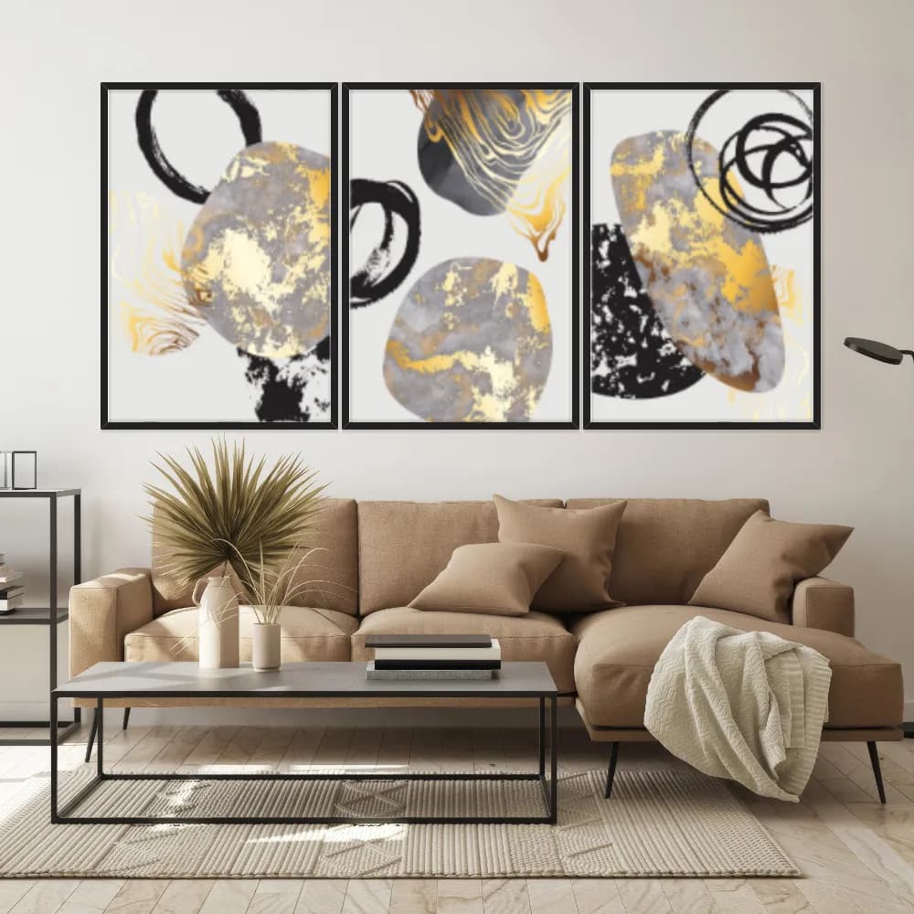 Kit Quadros Decorativos Abstrato Dourado
