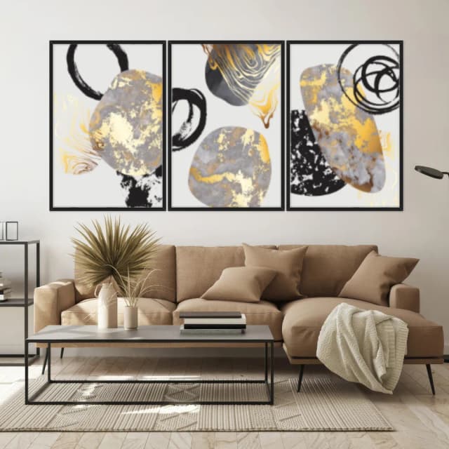 Kit Quadros Decorativos Abstrato Dourado