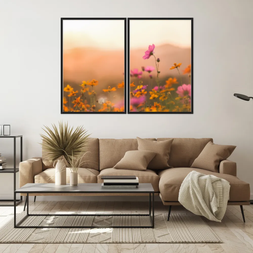 Kit Quadros Decorativos Flor Rosa E Laranja