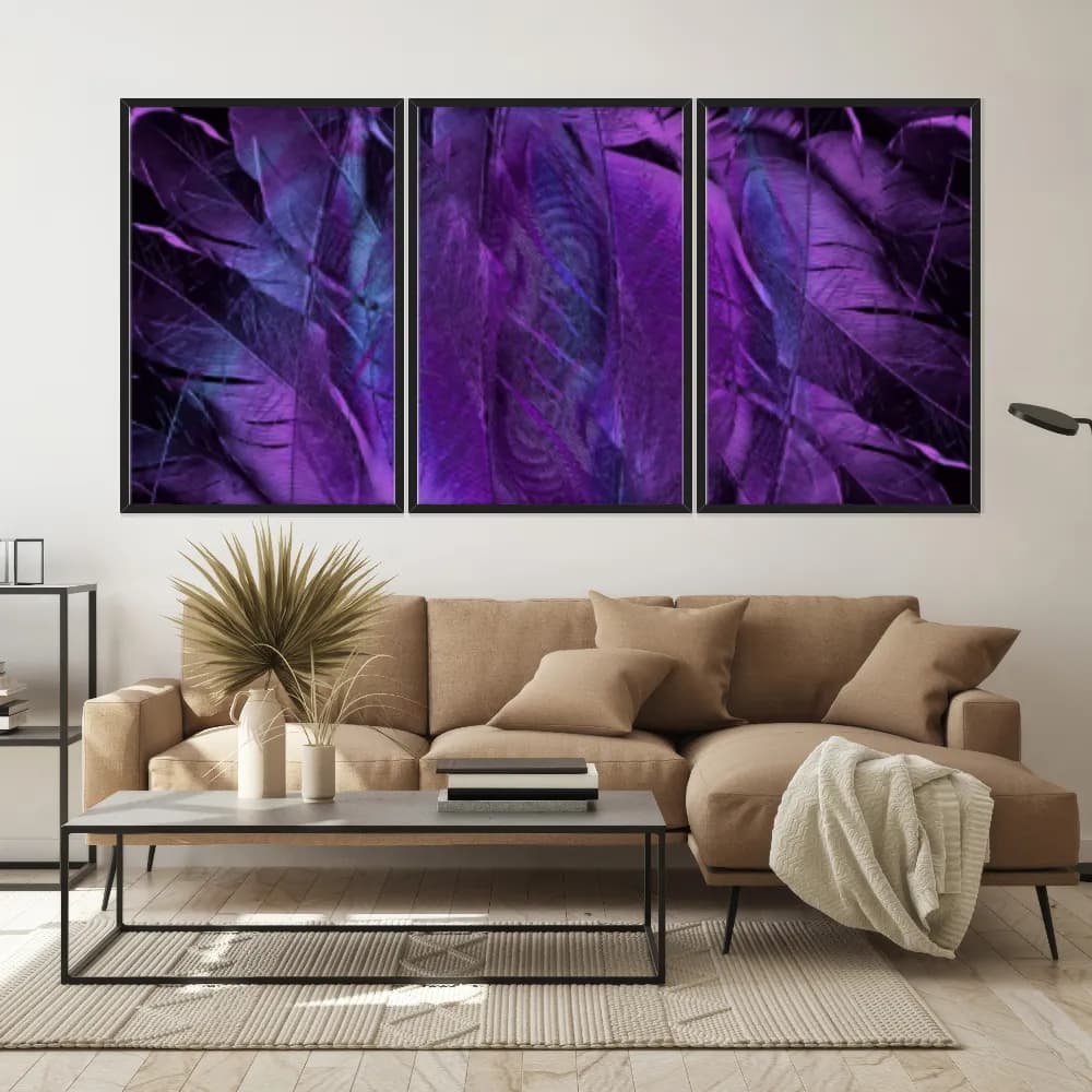 Kit Quadros Decorativos Penas Roxas