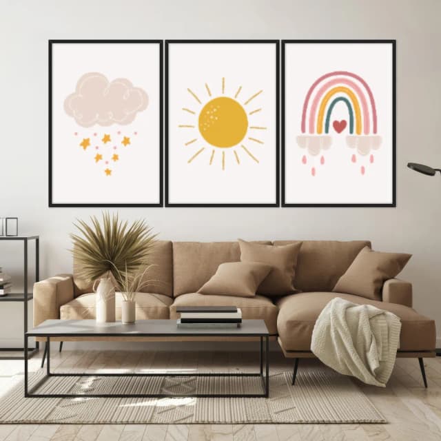 Kit Quadros Decorativos Nuvem Sol E Arco Íris