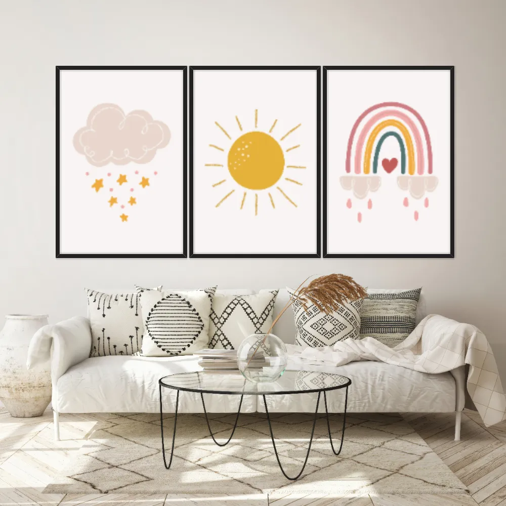 Kit Quadros Decorativos Nuvem Sol E Arco Íris