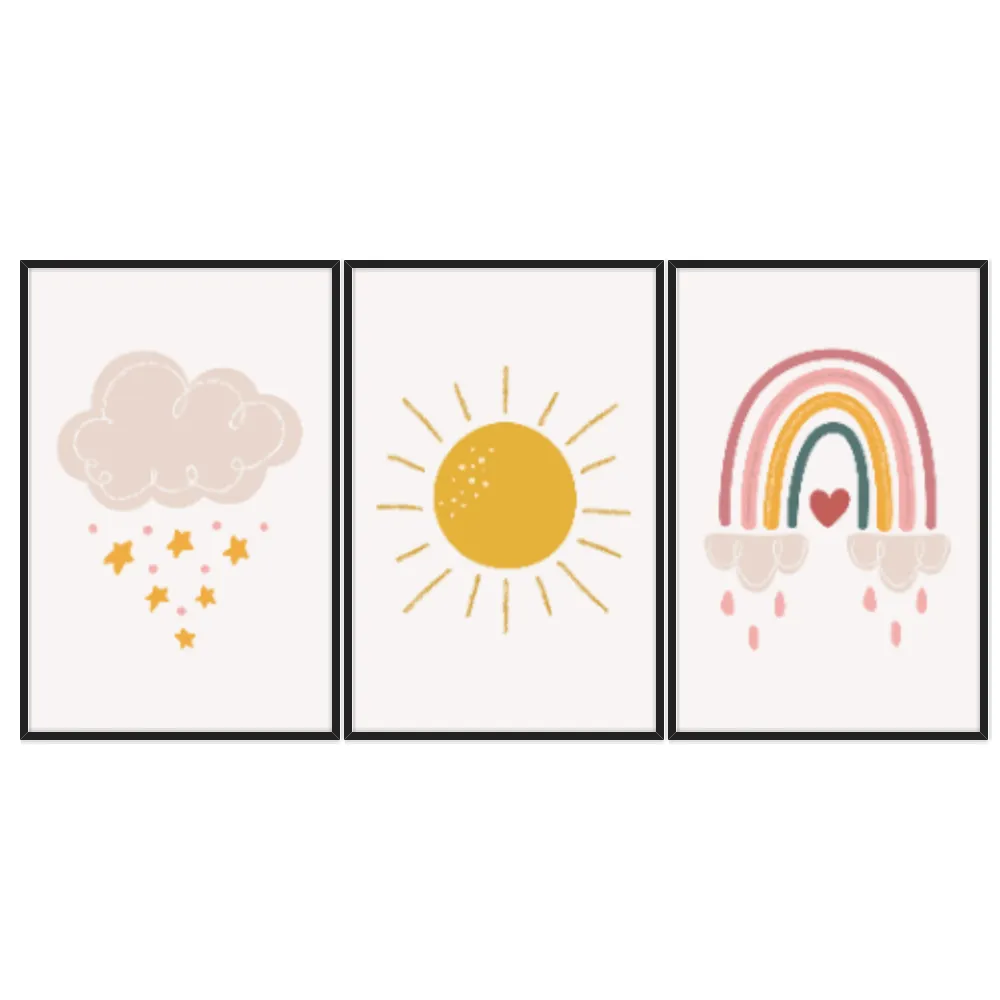 Kit Quadros Decorativos Nuvem Sol E Arco Íris