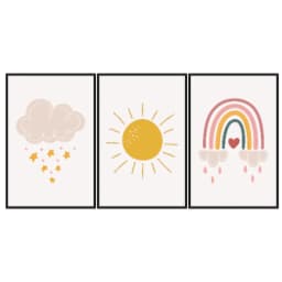 Kit Quadros Decorativos Nuvem Sol E Arco Íris