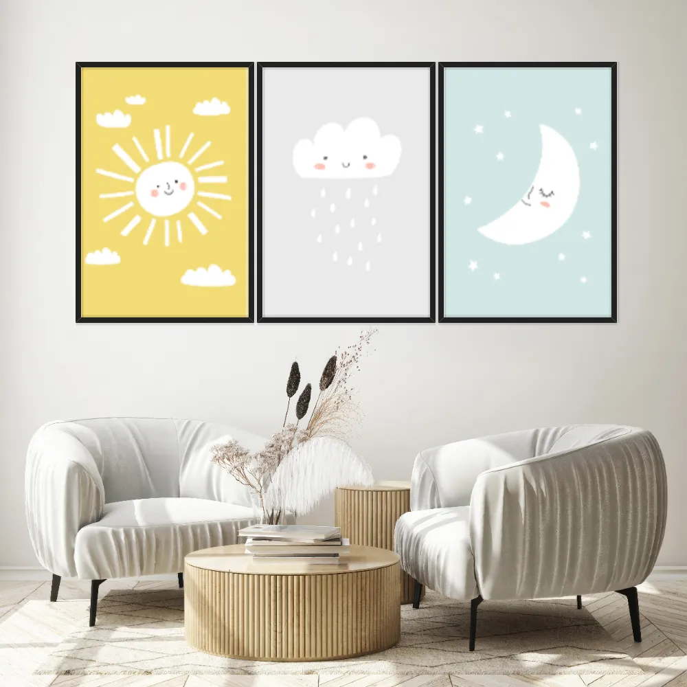 Kit Quadros Decorativos Sol Nuvem E Lua