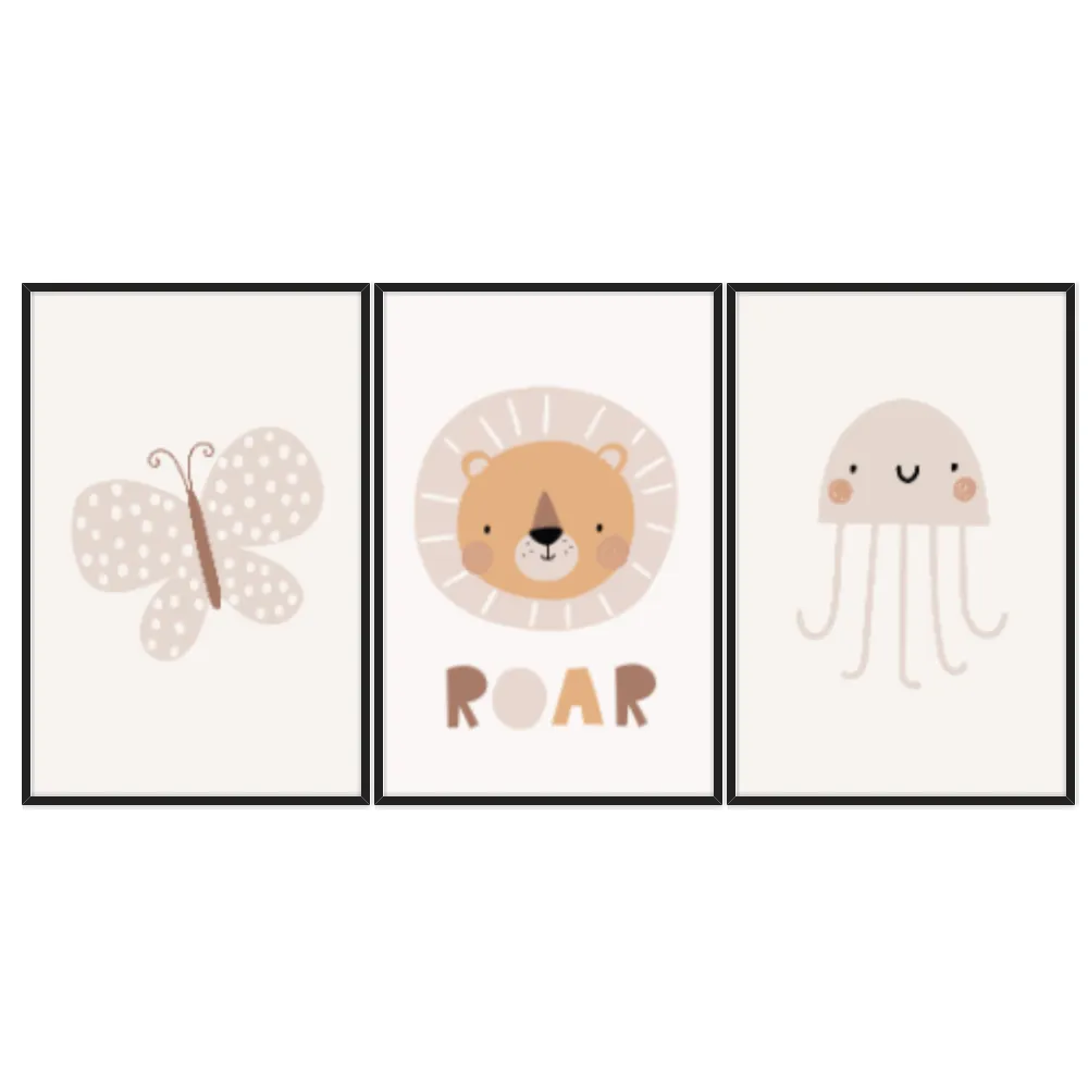 Kit Quadros Decorativos Borboleta Elefante E Polvo