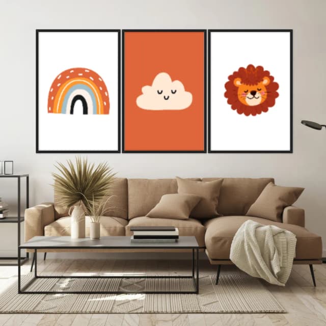 Kit Quadros Decorativos Leão Nuvem E Arco Íris