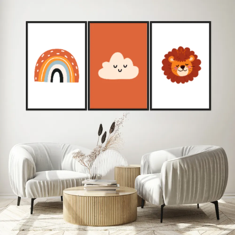 Kit Quadros Decorativos Leão Nuvem E Arco Íris