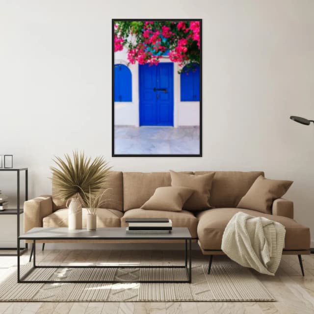 Quadro Decorativo Porta Azul Com Rosas