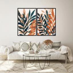 Kit Quadros Decorativos Folhas Laranja E Azul