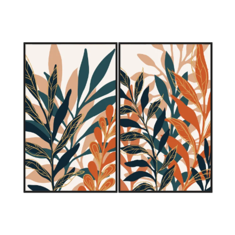 Kit Quadros Decorativos Folhas Laranja E Azul