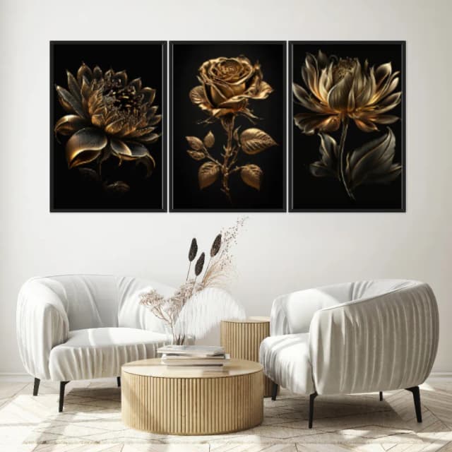 Kit Quadros Decorativos Planta Dourada