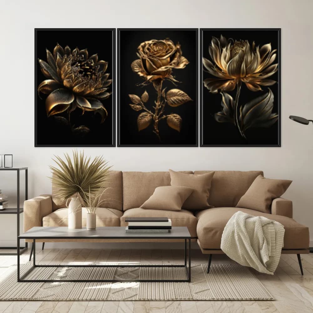 Kit Quadros Decorativos Planta Dourada