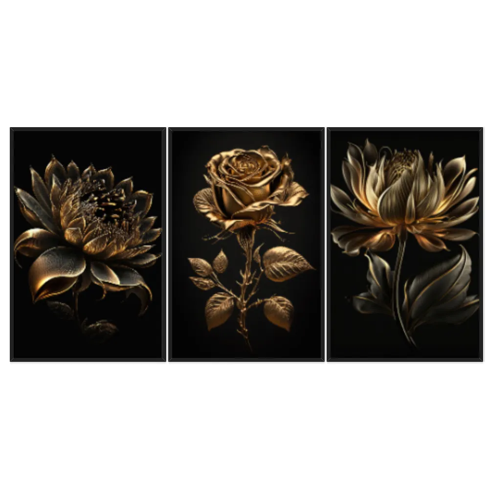 Kit Quadros Decorativos Planta Dourada