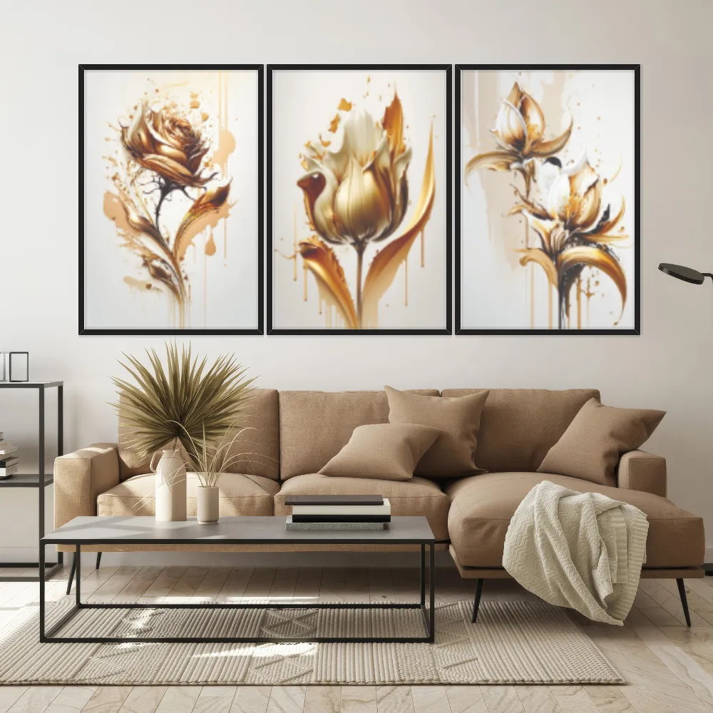 Kit Quadros Decorativos Planta Dourada