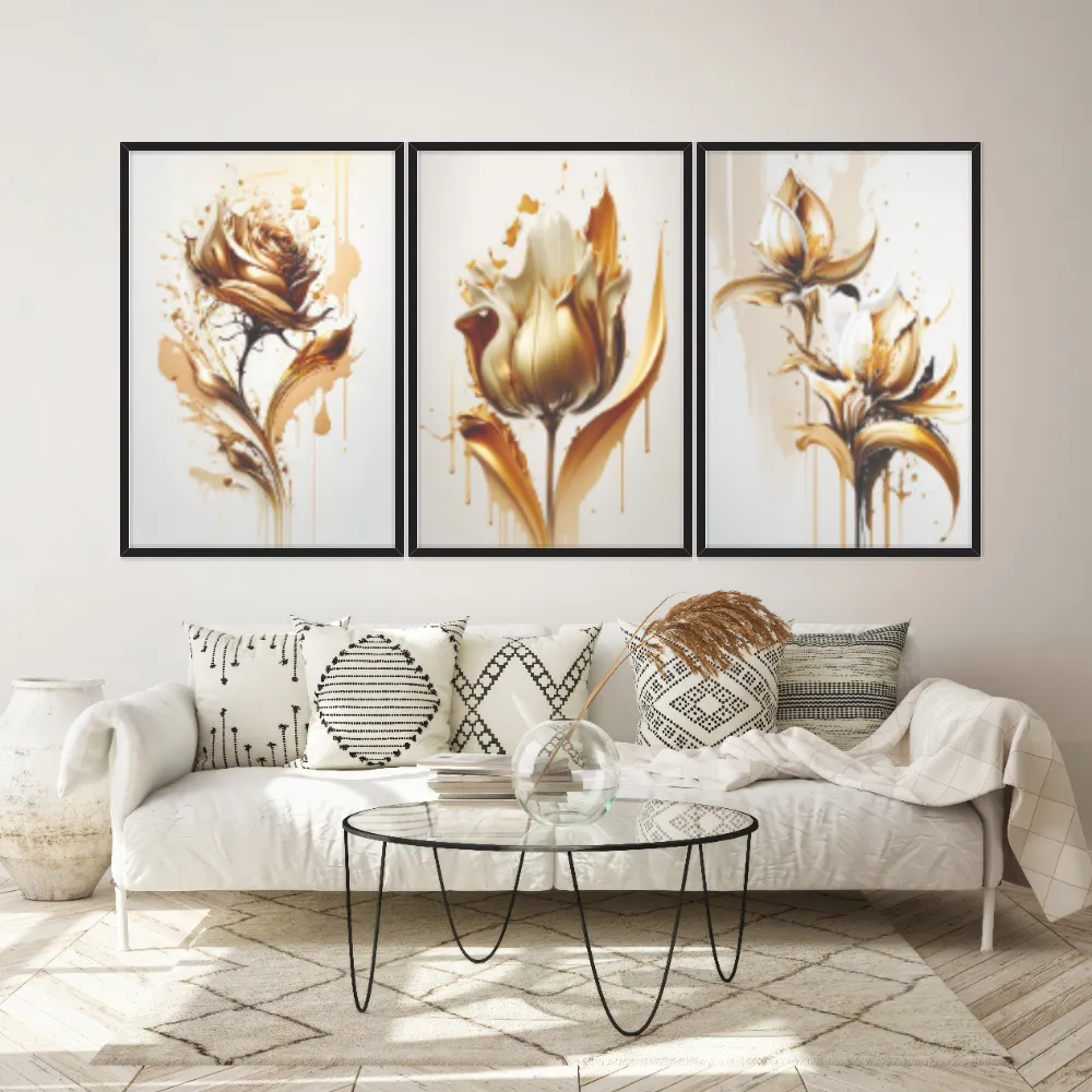 Kit Quadros Decorativos Planta Dourada