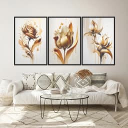 Kit Quadros Decorativos Planta Dourada