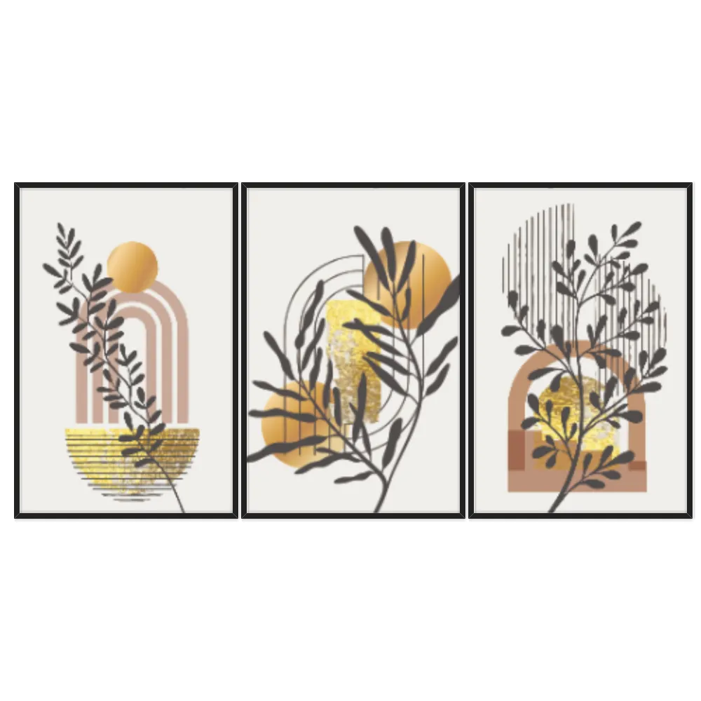 Kit Quadros Decorativos Planta Abstrata Dourada