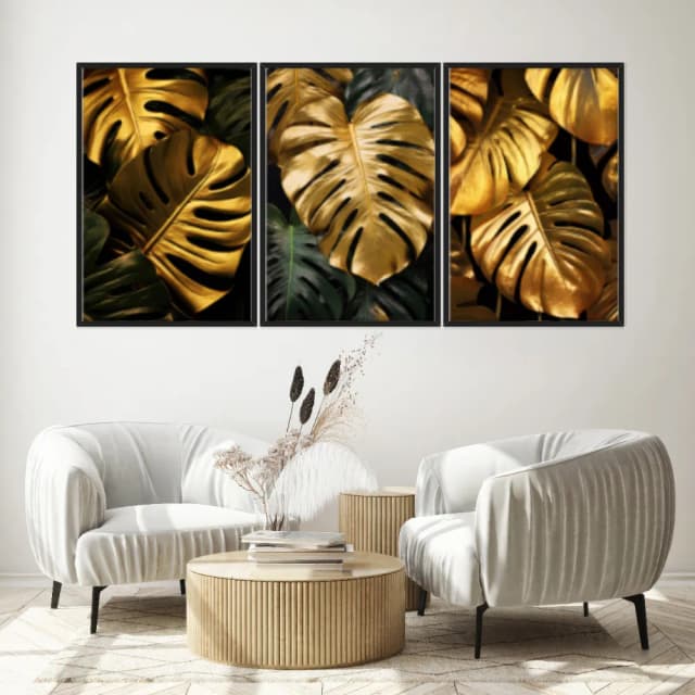 Kit Quadros Decorativos Costela De Adão Dourada