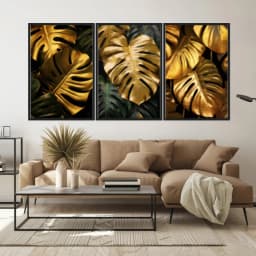 Kit Quadros Decorativos Costela De Adão Dourada