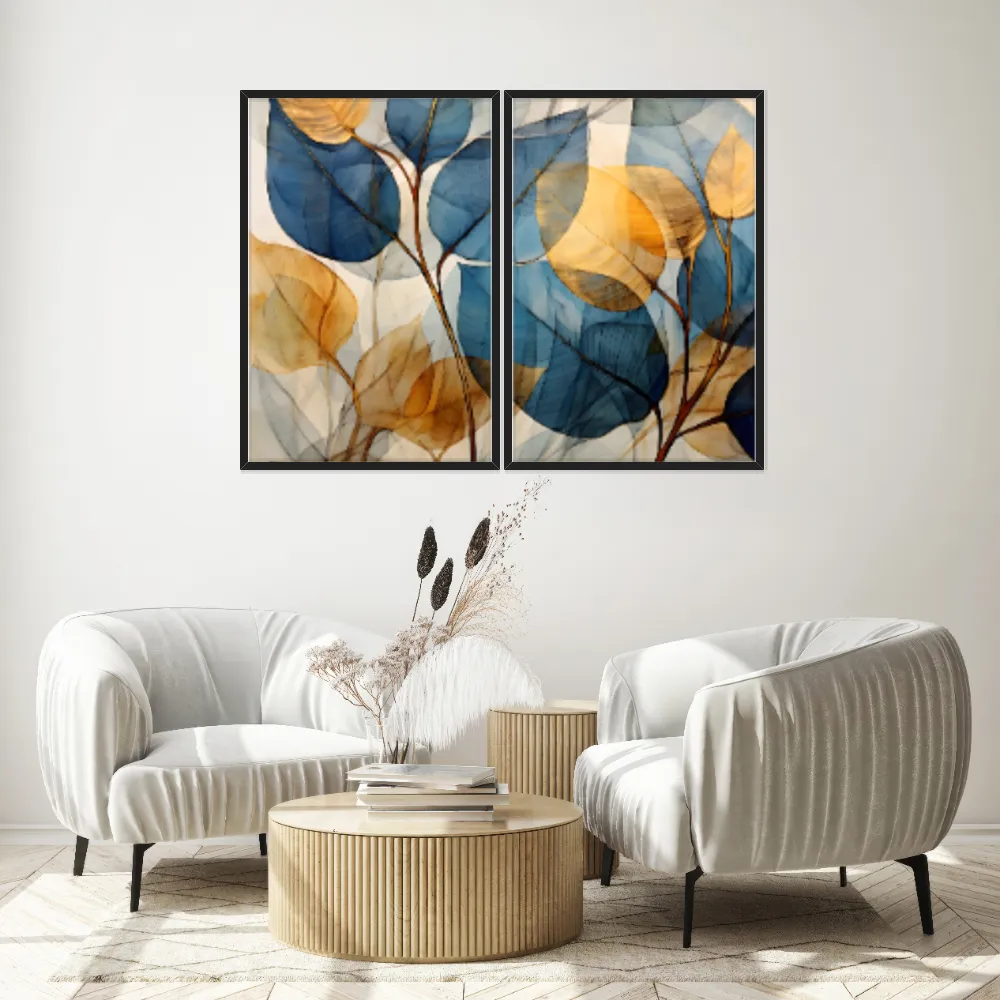 Kit Quadros Decorativos Folhas Amarelo E Azul