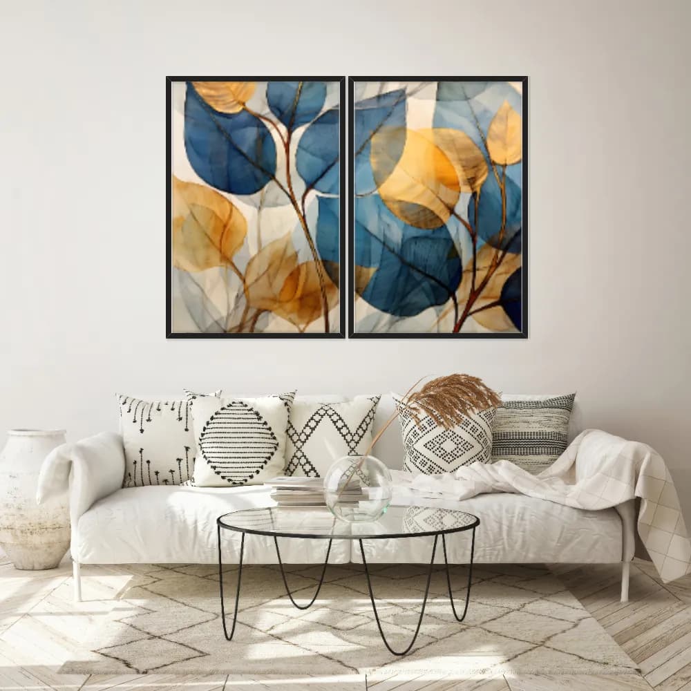 Kit Quadros Decorativos Folhas Amarelo E Azul