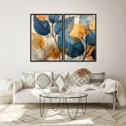Kit Quadros Decorativos Folhas Amarelo E Azul