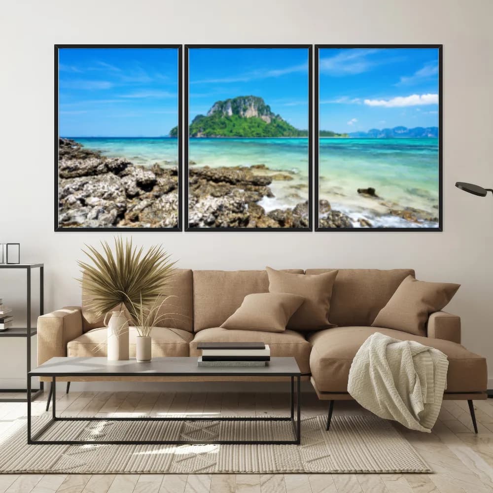 Kit Quadros Decorativos Ilha Mar Azul