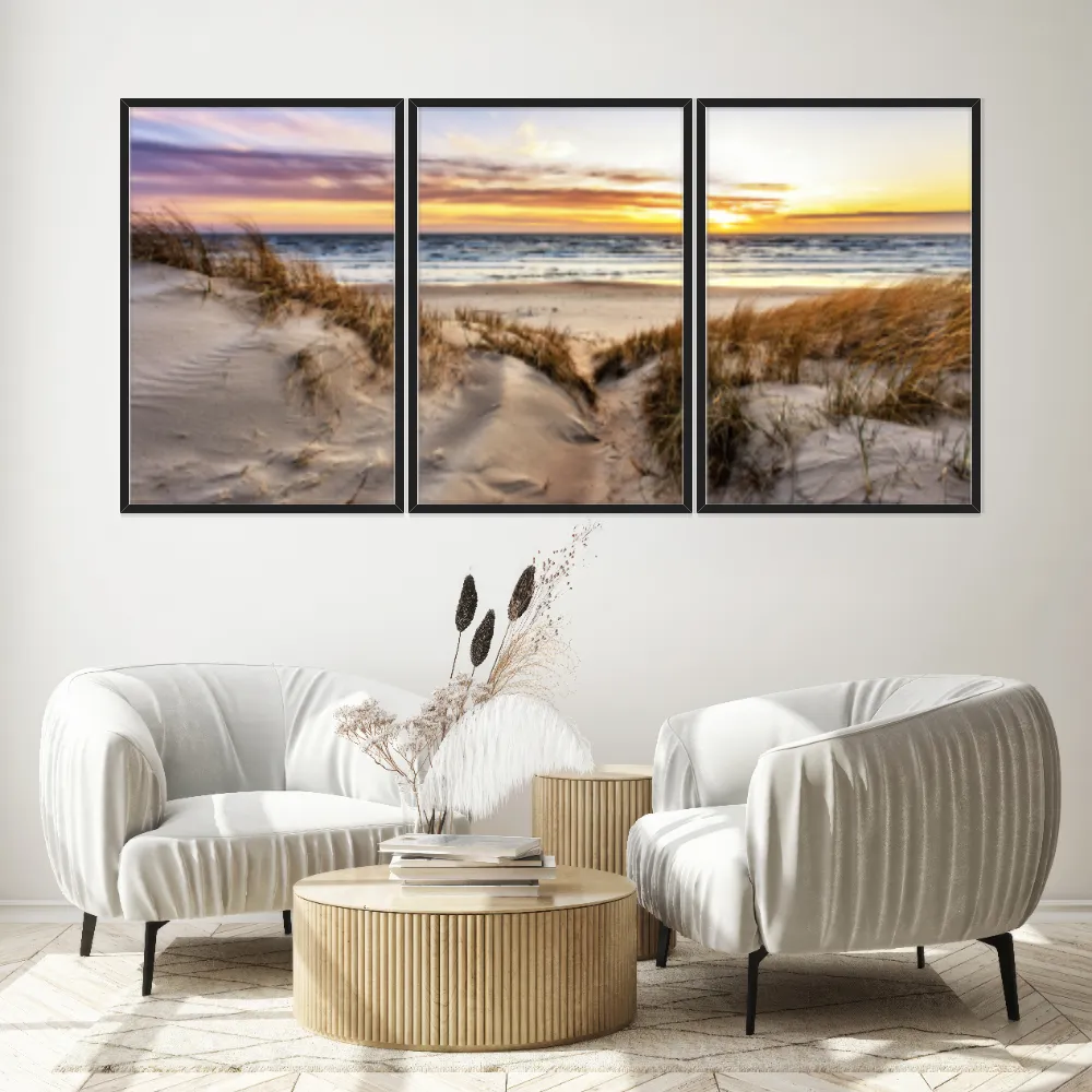Kit Quadros Decorativos Mar Com Pôr Do Sol