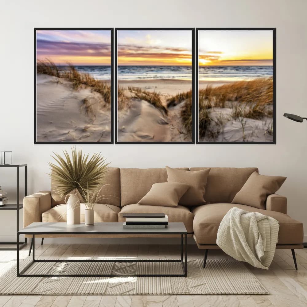 Kit Quadros Decorativos Mar Com Pôr Do Sol