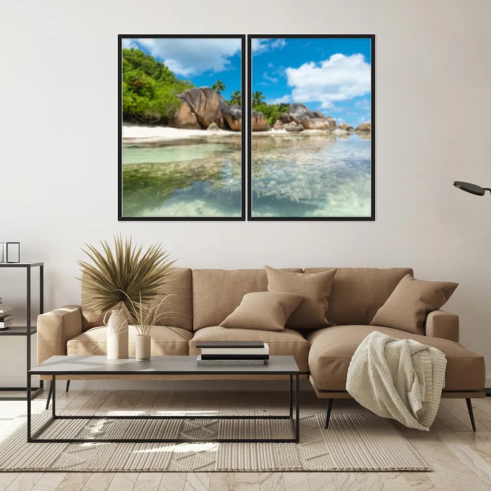Kit Quadros Decorativos Mar Verde Claro Com Pedras