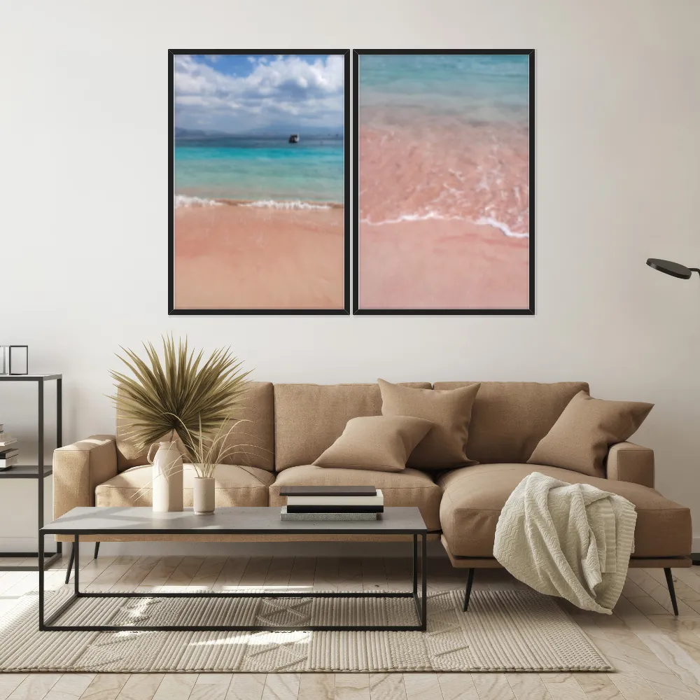 Kit Quadros Decorativos Mar Azul Com Areia Rosa