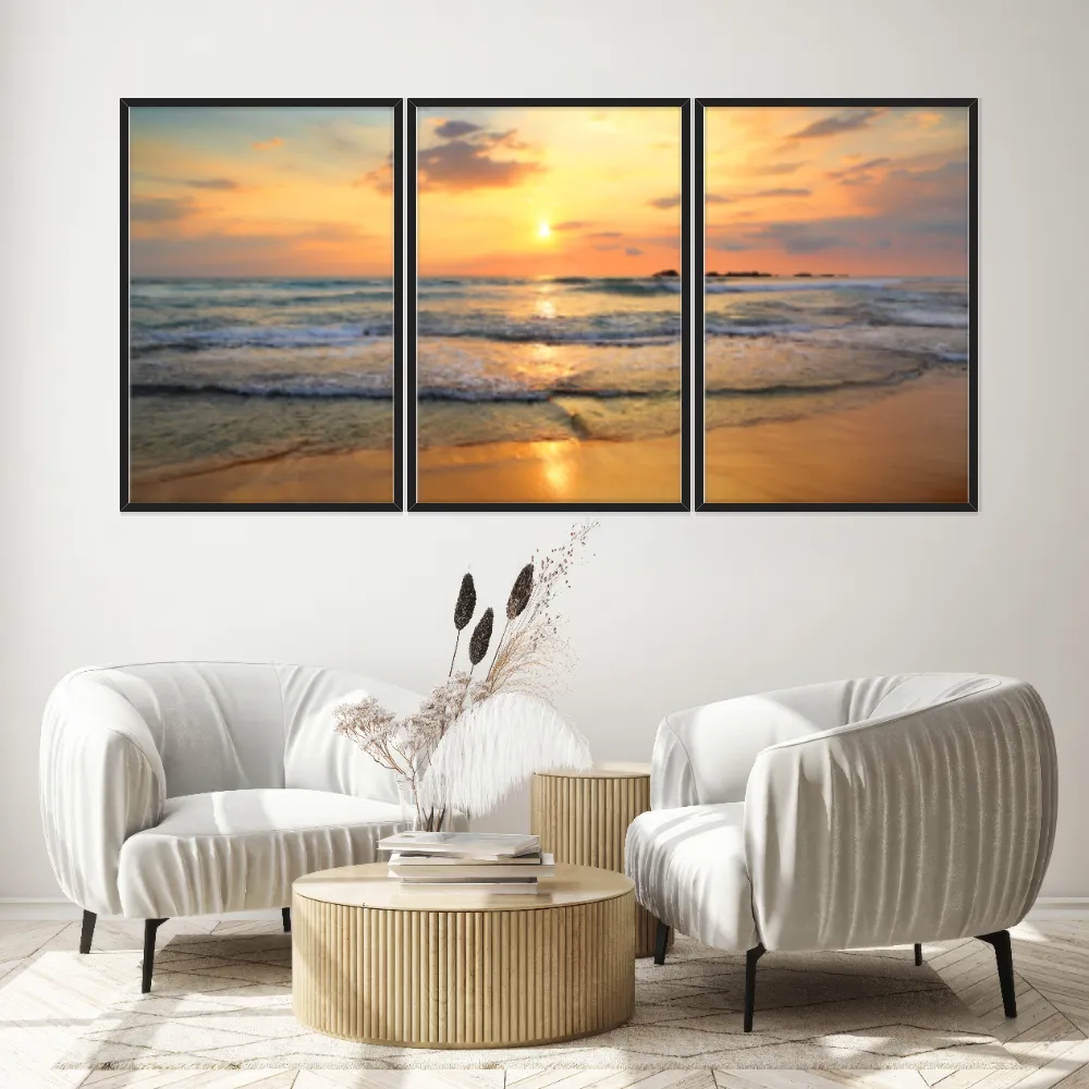 Kit Quadros Decorativos Praia Com Pôr Do Sol