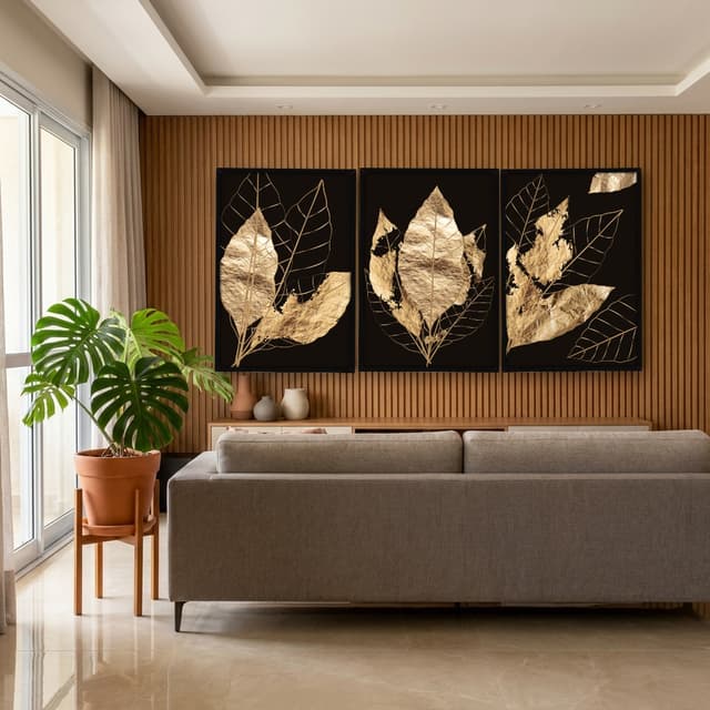 Kit Quadros Decorativos Planta Dourada