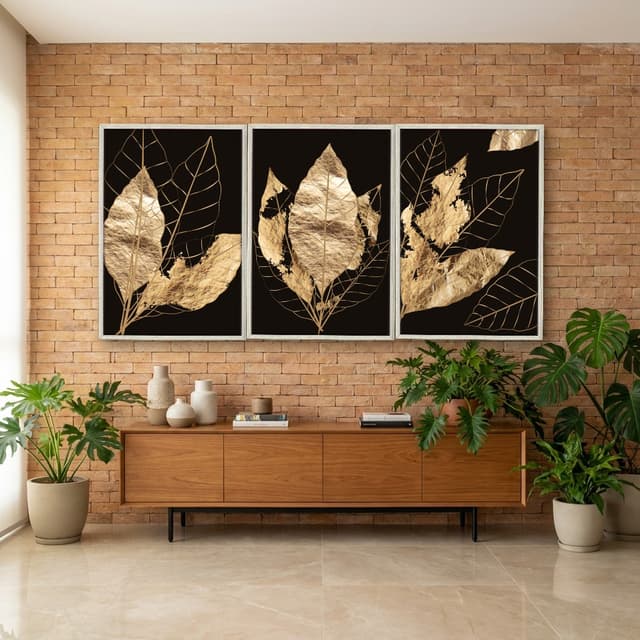 Kit Quadros Decorativos Planta Dourada