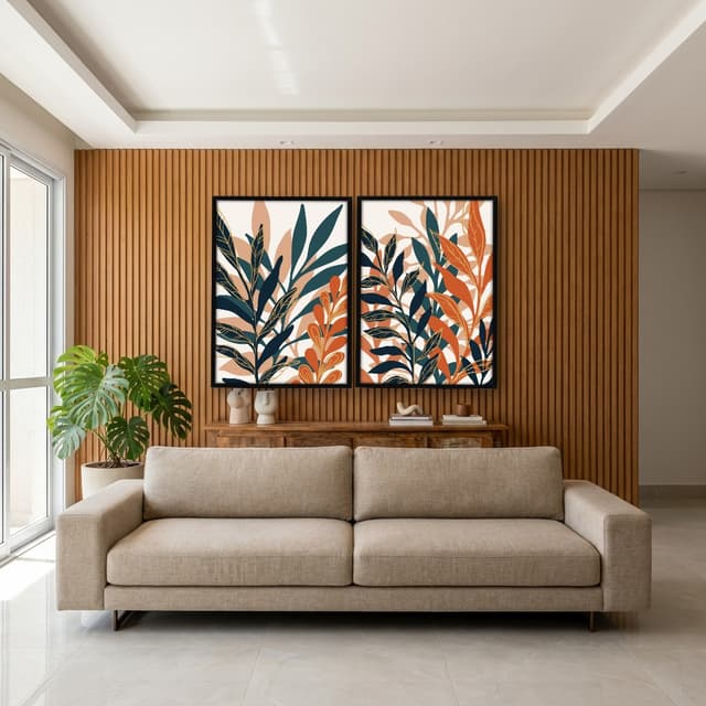 Kit Quadros Decorativos Folhas Laranja E Azul