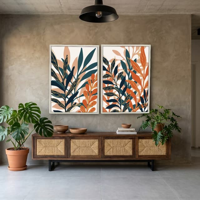 Kit Quadros Decorativos Folhas Laranja E Azul