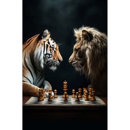 Quadro Decorativo Leão e tigre jogando Xadrez