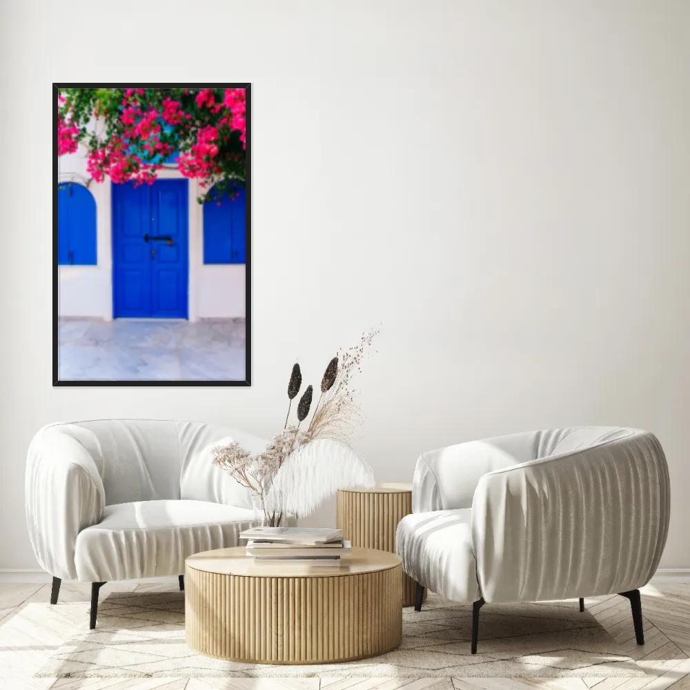 Quadro Decorativo Porta Azul Com Rosas
