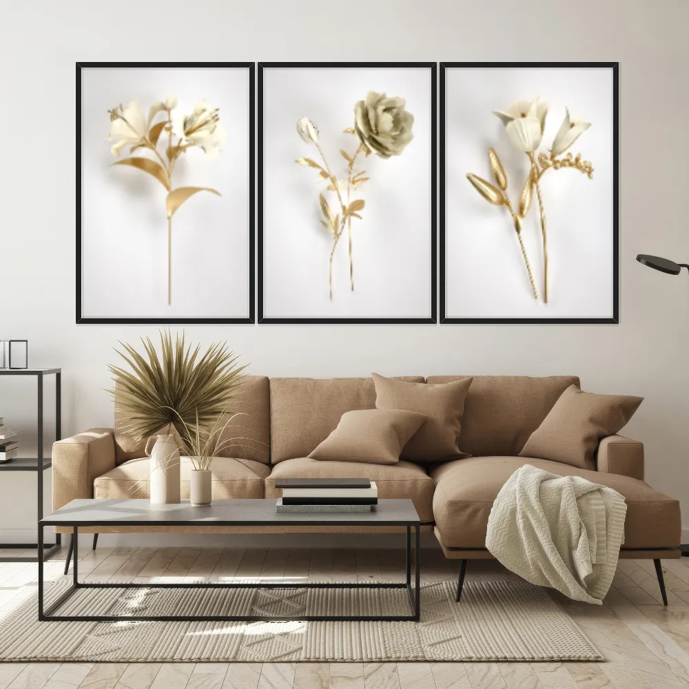 Kit Quadros Decorativos Flor Dourada